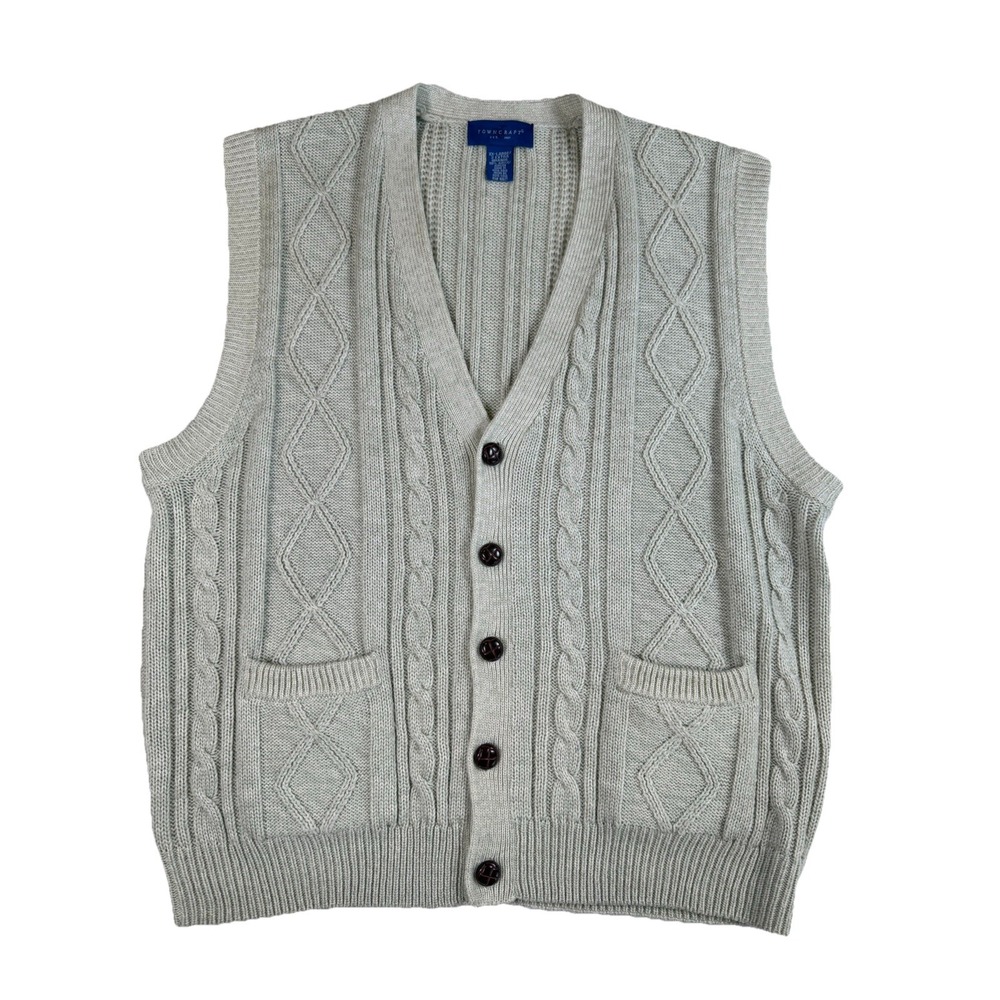 Vtg Towncraft Sweater‎ Vest Mens 2XL Beige Cable Knit V Neck Acrylic Grandpacore